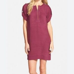 Bcbgmaxazria xs Bordeaux wine colored frank dress zipper vneck button tab sleeve